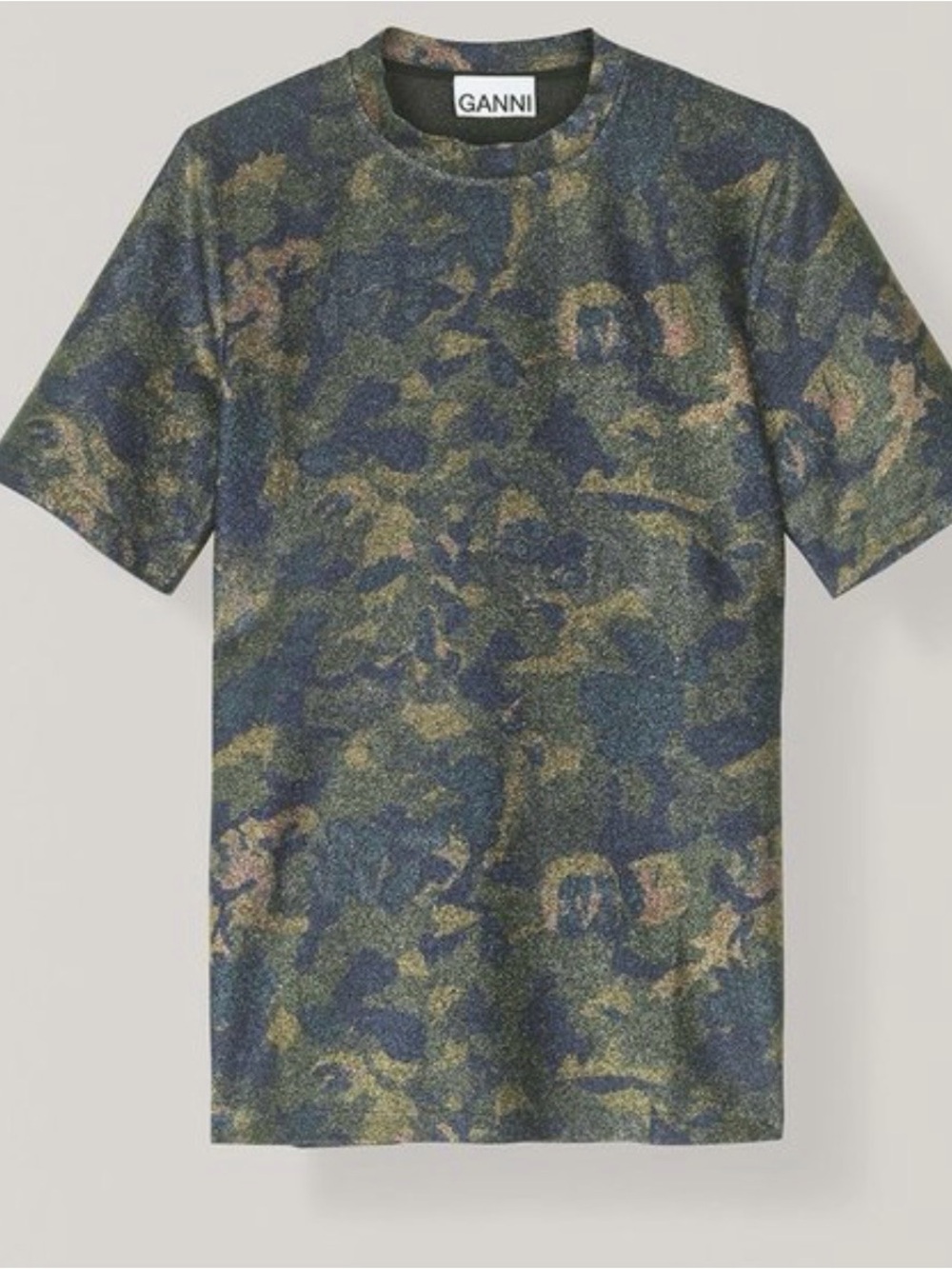 Ganni Short-Sleeve Camo Tee in Green, Navy & Tan